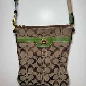 Vintage Coach Signature Canvas Crossbody – Green Leather Trim